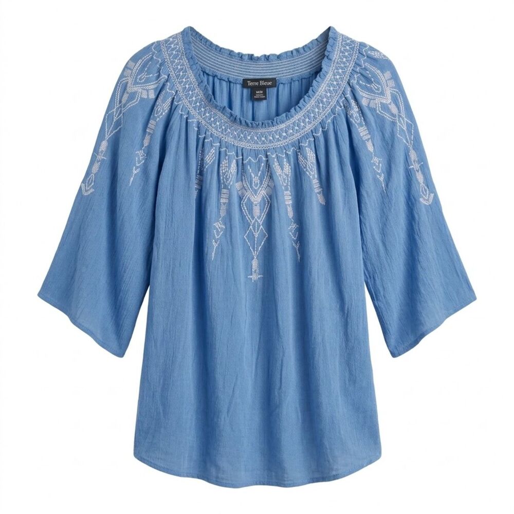 Terre Bleue Light Blue Embroidered Smocked Boho Peasant Blouse Top Medium M